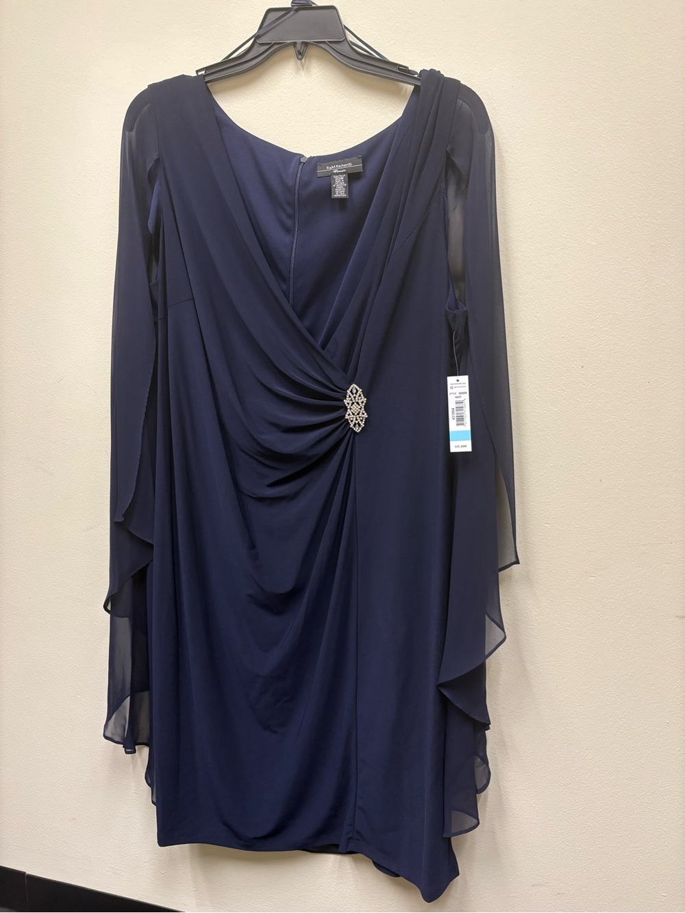 R&M Richards Navy Blue Long Sleeve Draped Evening dress with Rhinestone Brooch - Picture 7 of 8